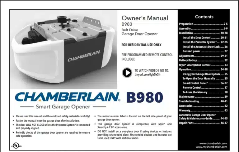 Chamberlain B980 Garage Door Opener Owner’s Manual Guide Chamberlain B980 Garage Door Opener Owner’s Manual Guide