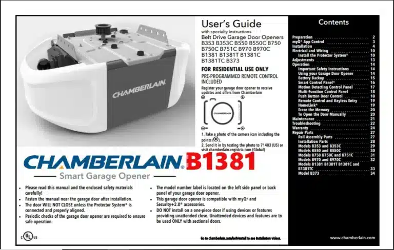 Chamberlain Garage Door Opener Owner’s Manual For B1381 Model Chamberlain Garage Door Opener Owner’s Manual For B1381 Model