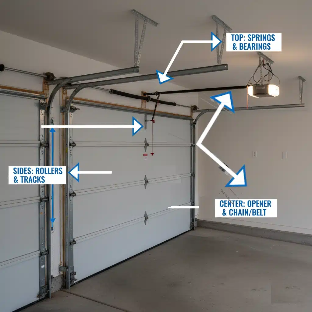 Checking garage door parts for squeaking sounds