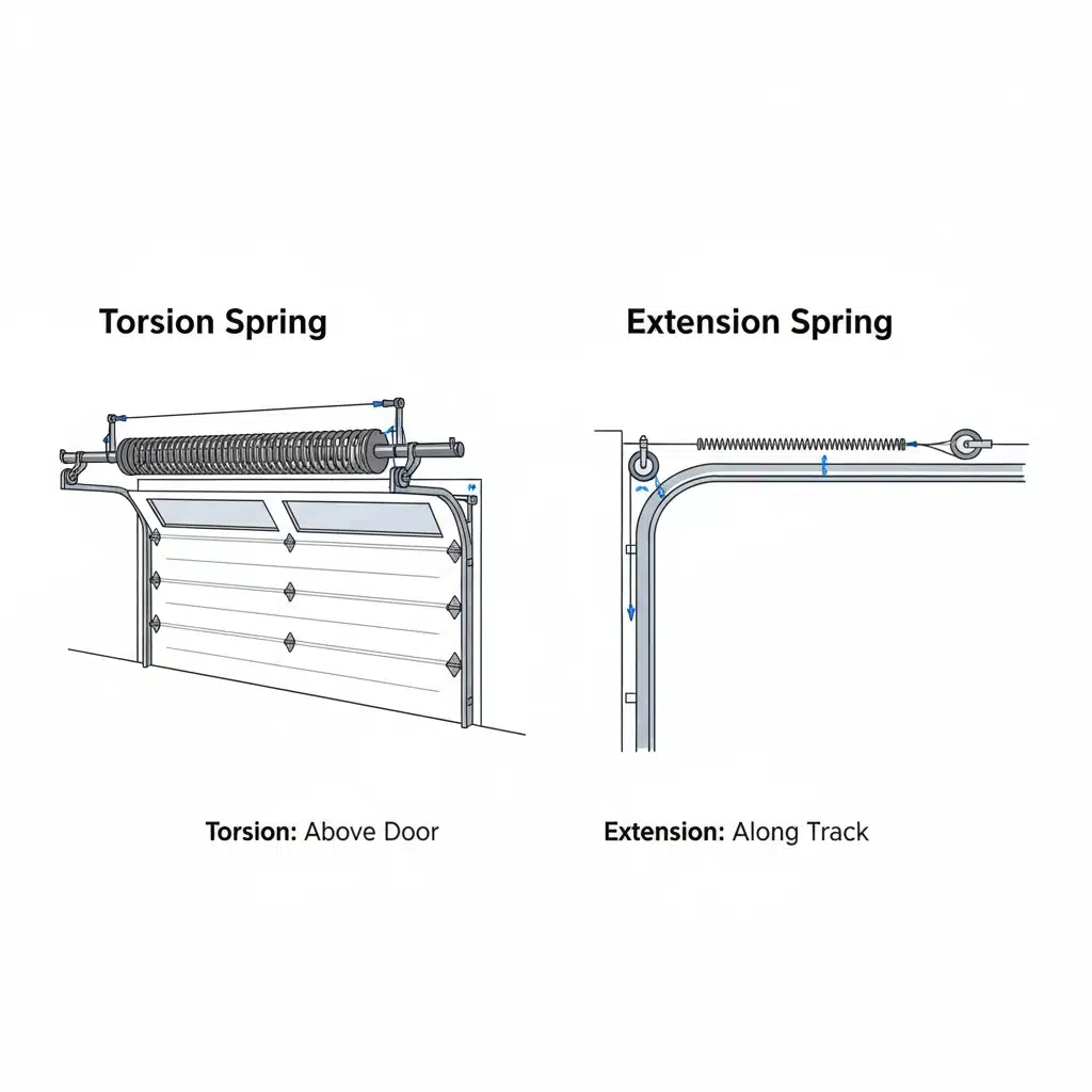Comparison diagram of Garage Door Torsion Spring vs Extension Spring for 2025 replacement cost guide