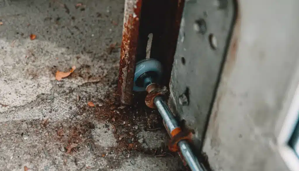 Corroded garage door bottom bracket and rusted lift cable attachment point