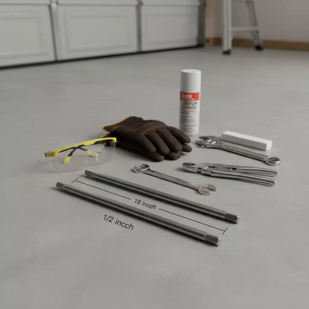 Essential tools for garage door torsion spring replacement including winding bars, safety glasses, and wrench