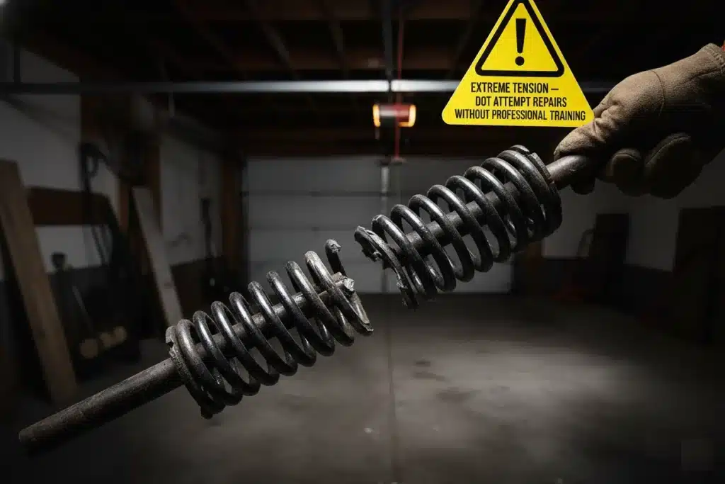 Garage Door Spring Broken 5 Signs to Look For High-tension garage door spring hazard showing a snapped cable and a yellow extreme tension warning sign in a dimly lit garage.