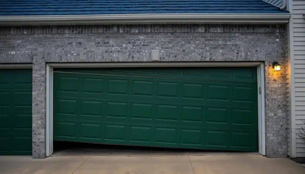 Garage door hanging crooked and twisted due to snapped lift cable tension imbalance