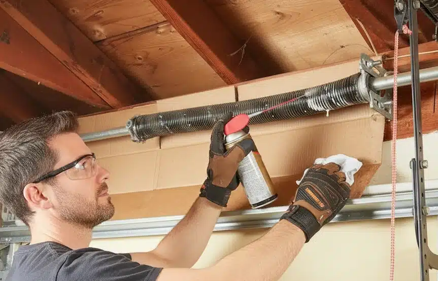 Lubricating torsion spring coils with garage door spray lubricant for smooth operation.