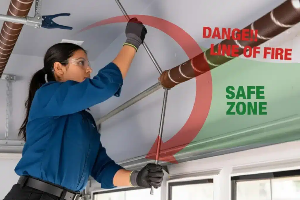 Safety diagram showing the 'Line of Fire' and safe body positioning for torsion spring winding