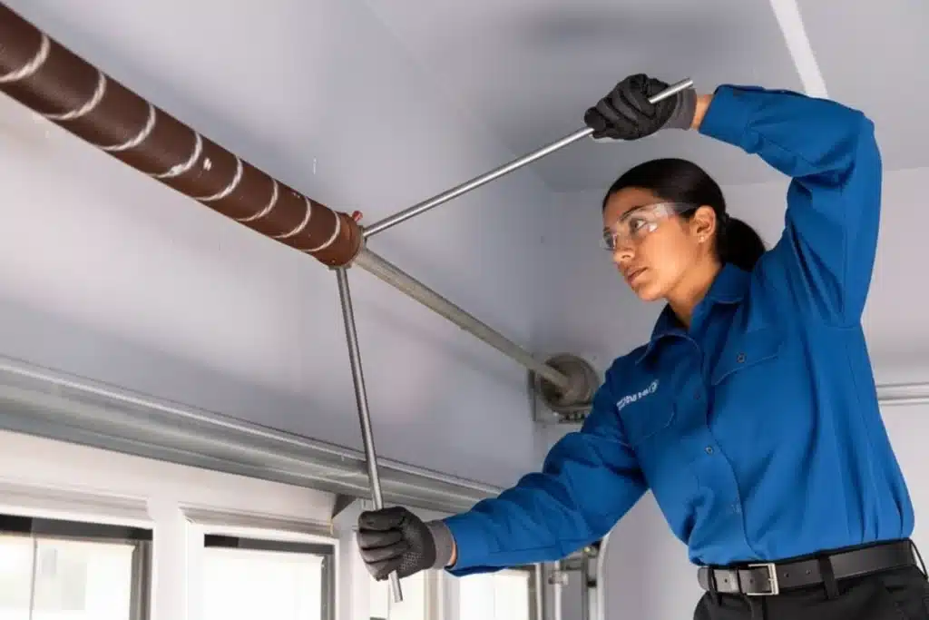 Technician performing 'leapfrog' unwinding of a torsion spring using two winding bars