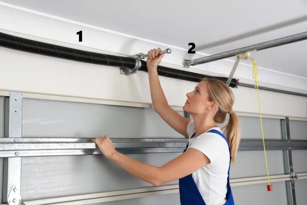 Why You Should Always Replace Both Springs at the Same Time Technician installing two new garage door torsion springs for balanced operation.