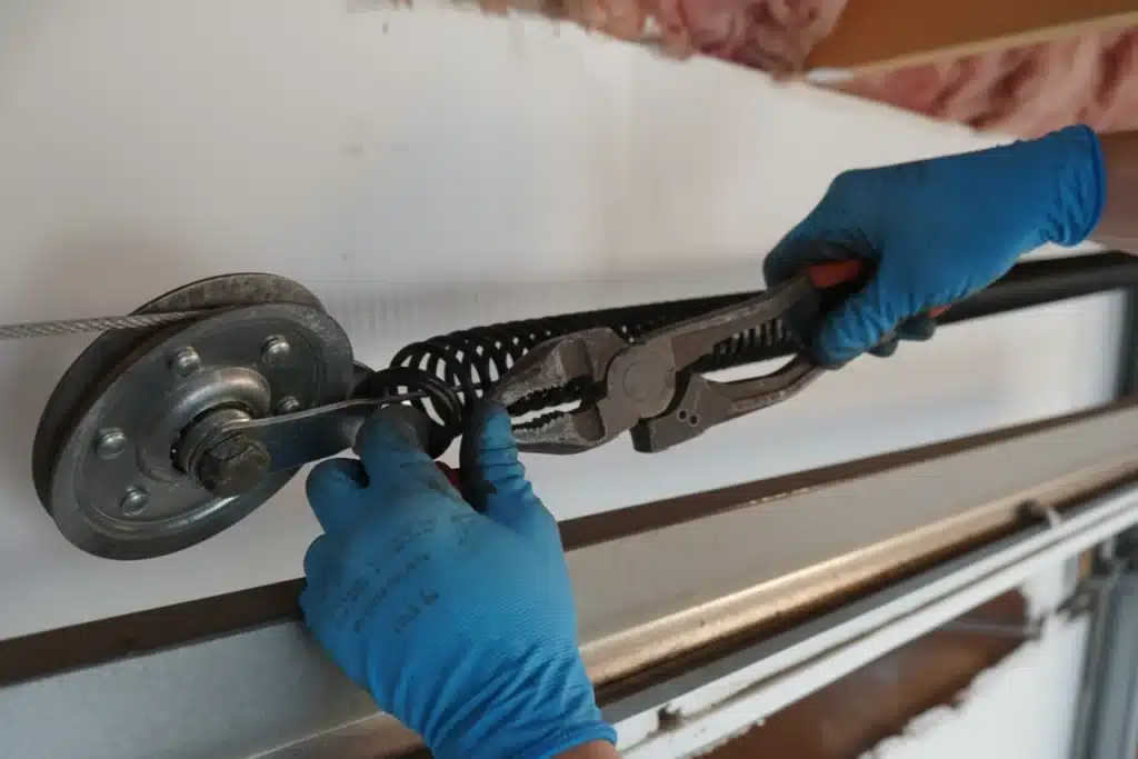 garage-door-extension-spring-replacement-guide Professional technician replacing garage door extension spring and pulley
