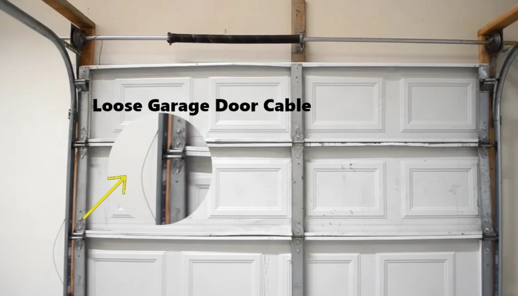 A close-up of a visibly slack or loose garage door cable hanging down, indicating it's off track or detached.
