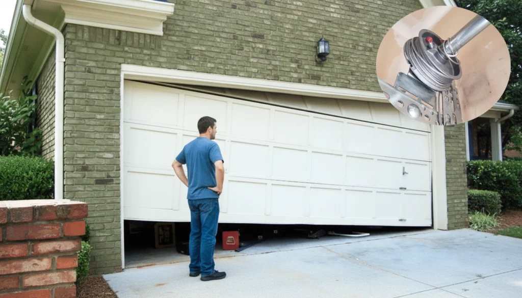 A crooked residential garage door showing a garage door cable broke on one side causing an unbalanced opening.